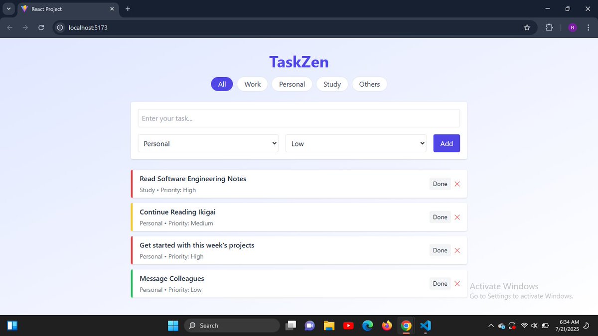 qasimrokeeb's tweet image. 🧵 Day 19 of #30DaysOfReact – TaskZen
📝 A smart and beautiful To-Do App with category filters and priority tags.
Responsive UI, localStorage support, and smooth user experience.
Preview 👇