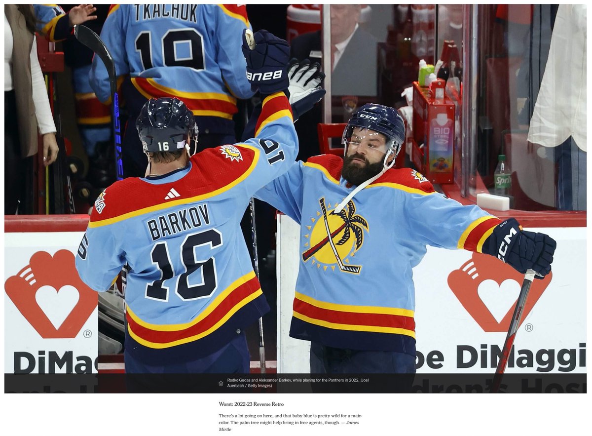 David954FLA's tweet image. Via @TheAthletic the 2022-2023 Retro Jerseys were the worst jerseys in Florida Panthers history.
Not sure about that... I happened to love them.