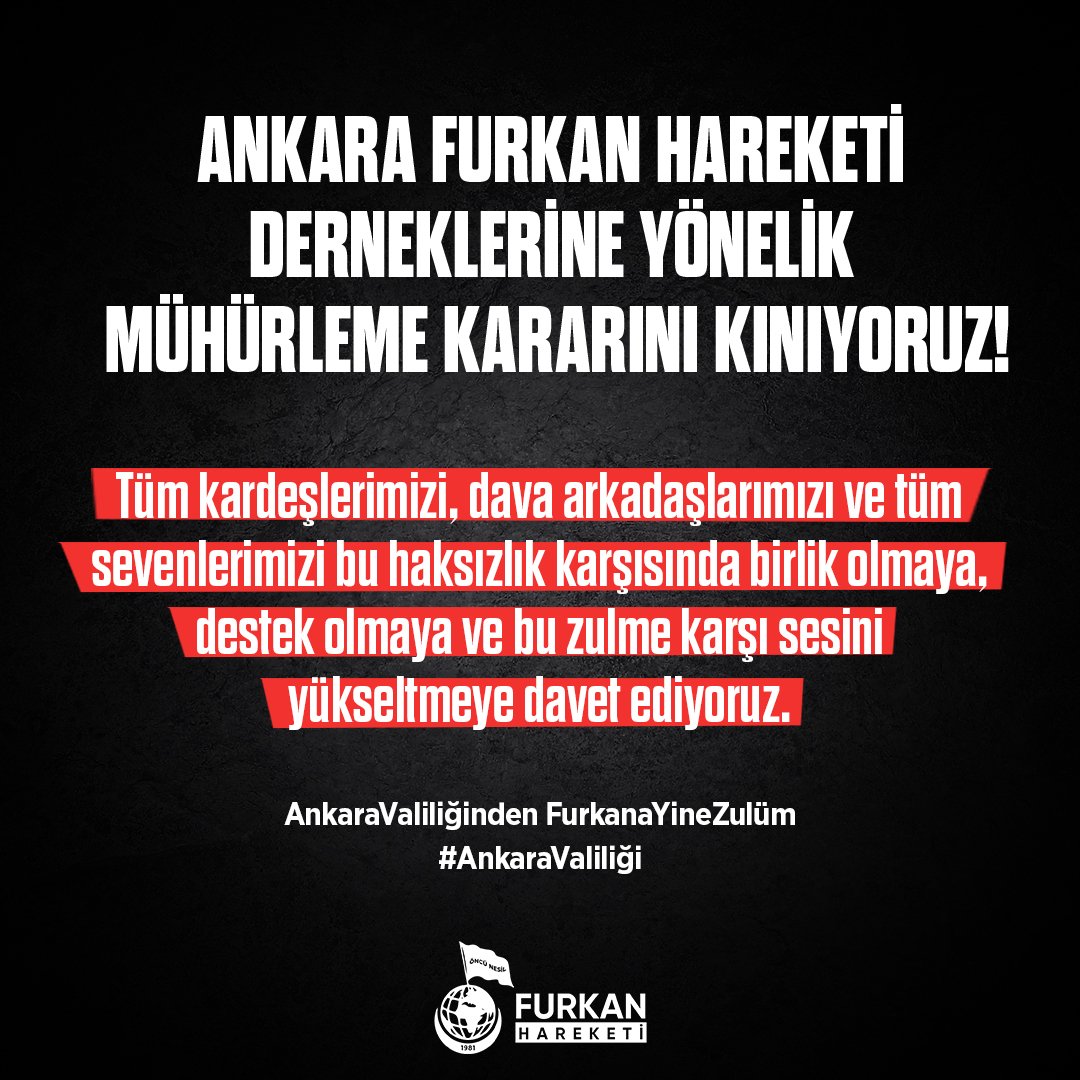 FurkanDerGAntep's tweet photo. Ankara Furkan Hareketi Derneklerine Yönelik Mühürleme Kararını Kınıyoruz!

Bugün bir kez daha hukuksuzlukla, adaletsizlikle ve açık bir sindirme politikasıyla karşı karşıyayız.
Ankara’da faaliyet gösteren Furkan Eğitim ve Araştırma Derne��inin merkez binasına ve Sincan, Şentepe, Ulus ilçelerinde bulunan 3 temsilciliğine denetime gelen İl Dernekler Müdürlüğü Görevlileri, dernek binasında “izinsiz lokal kurulduğunu” iddia ederek idari para cezası uygulamışlardır. Bu sabah yeniden gelerek yarın (22 Temmuz 2025) dernek merkezini ve 3 şubesini mühürleyeceklerini tebliğ ederek zulüm ve baskı zincirine bir halka daha eklemişlerdir.

Sözde lokal amaçlı kullanımlar ve alkollü içki kullanımı bahanesiyle uygulanan bu karar, kamuoyunun vicdanını kandırmaya yönelik bir kılıftan ibarettir. Herkes bilmektedir ki Furkan Hareketi’nin derneklerinde alkollü içki içilmesi gibi bir durum söz konusu dahi olamaz! Bu mesnetsiz iddialarla yapılan mühürleme kararları tamamen keyfîdir, siyasidir ve maksatlıdır!

Bu karar ne ilktir ne de münferittir! 2014 yılından itibaren Ankara Valiliği sistematik bir şekilde Furkan Hareketi’ne karşı açık bir ambargo uygulamaktadır. Ankara’da;
-14 yıldır konferanslarımız keyfi olarak engellenmekte,
-Yürüyüş ve basın açıklamalarımızın önü kesilmekte,
-Düğün salonu işletmecileri tehdit edilmekte,
-Alparslan Kuytul Hocaefendi’nin karşılanması ve uğurlanmasına dahi izin verilmemekte,
-Furkan Hareketi mensupları fişlenmekte ve baskı altına alınmaktadır.
 
Bu mühürleme kararı da, aynı baskılamaların bir devamıdır.
• 2015 yılında yine aynı absürt gerekçeyle Ankara-Sincan dernek binamız mühürlenmiş, 1 ay sonra bu hatadan dönülerek tekrar açılmıştır.
• 2021 yılında Sincan Öncü Nesil Derneği yine aynı gerekçe ile mühürlenmiş ve daha sonra tekrar açılmıştır.
• 2024 yılında derneğin kapatılması için dava açılmış fakat Furkan Eğitim ve Araştırma Derneği davayı kazanmıştır. Mahkeme yoluyla derneği kapatamayanlar bu defa da hukuka aykırı yollarla kapatmak istiyorlar. Yani bu iddiaların geçersizliği geçmişte zaten ispatlanmıştır. Ancak derin güçler, hukuku hiçe sayarak Furkan Hareketi’ne yönelik tamamen kısıtlama, toplumsal hafızada kötü iz bırakma, hareket alanını daraltma gibi amaçlarla açık bir ambargo uygulamaya devam etmektedirler. Bunların tamamı bilinçli bir sindirme çabalarının parçalarıdır.

Mesnetsiz iddialarla karalama kampanyaları yürütenler bilsin ki; Bu dava derneklerde başlamadı ki derneklerin mühürlenmesiyle ya da mühürleme tehditleriyle dursun! Biz böylesi zulümlere ve baskılara daha önce de boyun eğmedik bundan sonra da boyun eğmeyeceğiz. Biz yola tabelalarla, binalarla, derneklerle çıkmadık ki bunların engellenmesiyle yolumuzdan dönelim.

Ankara Valiliği bu skandal karardan derhal vazgeçmelidir! Biz bu baskıya da boyun eğmeyeceğimizi buradan kamuoyuna ilan ediyoruz. Allah’ın izni ve inayeti ile baskılar karşısında susmayacağız ve sinmeyeceğiz!

Furkan Hareketi mensupları olarak; yapılan bu zulmü tüm gücümüzle kınıyor, kamuoyunu bu haksızlığa karşı sessizliğini bozmaya davet ediyoruz.

Tüm kardeşlerimizi, dava arkadaşlarımızı ve tüm sevenlerimizi bu haksızlık karşısında birlik olmaya, destek olmaya ve bu zulme karşı sesini yükseltmeye davet ediyoruz.

AnkaraValiliğinden FurkanaYineZulüm
#AnkaraValiliği