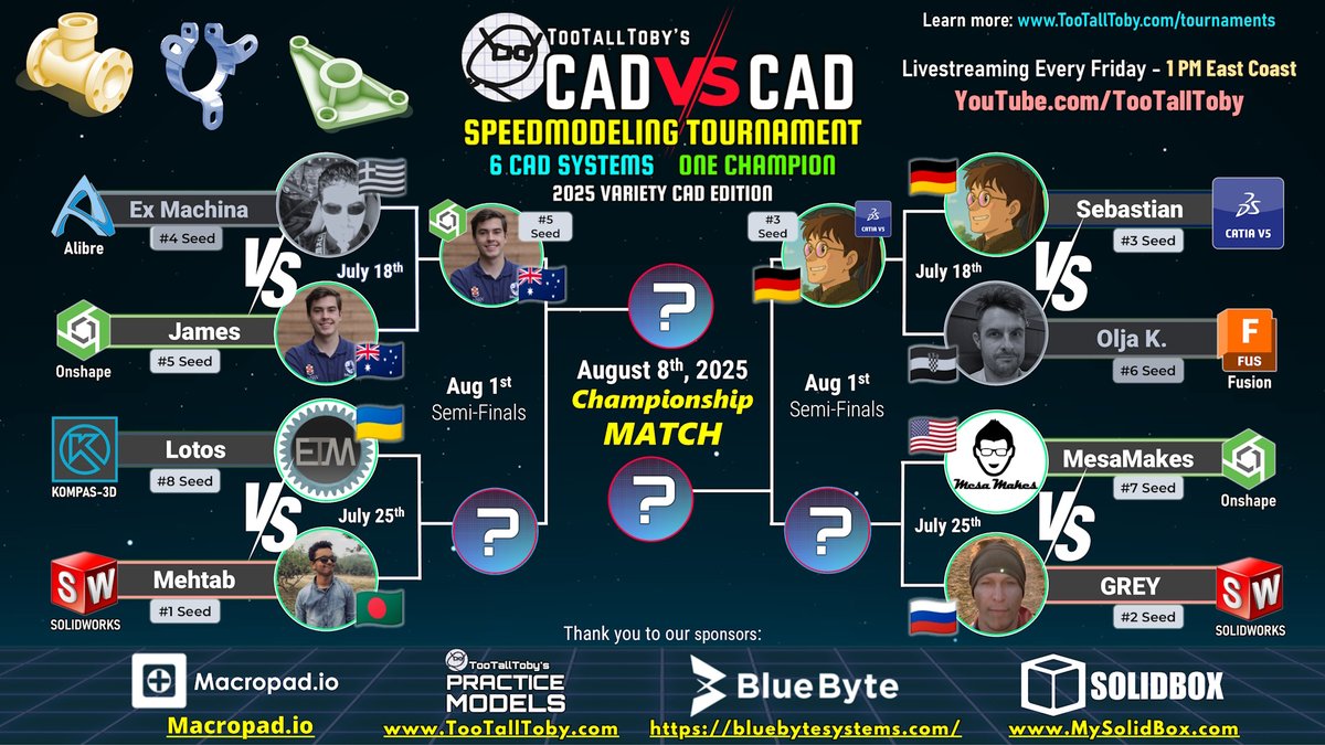 TooTallToby's tweet image. Congrats to James from Australia (Onshape) and Sebastian from Germany (Catia V5) for winning their matches and moving on to the FINAL 4!
Join us for the next matches this Friday, July 25th: youtube.com/watch?v=d0w26x…
#CAD #Tournament #Speedmodeling #Catia #Onshape #esport