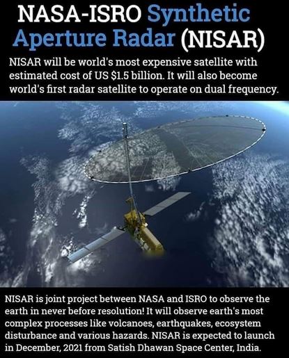 NASA-ISRO Joint NISAR Mission
Overview
The NISAR mission (NASA-ISRO Synthetic Aperture Radar) is a flagship Earth-observing satellite collaboration between NASA (USA) and ISRO (India). Scheduled for launch from India in 30th July 2025, NISAR is the world’s first satellite mission