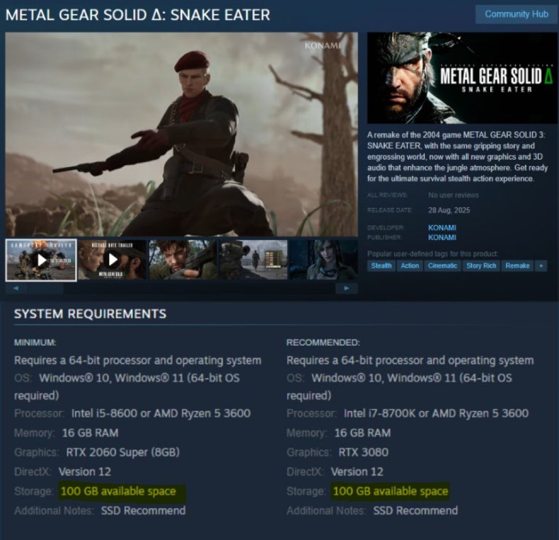 Pirat_Nation's tweet image. Metal Gear Solid Snake Eater Remake will require 100 GB available space
