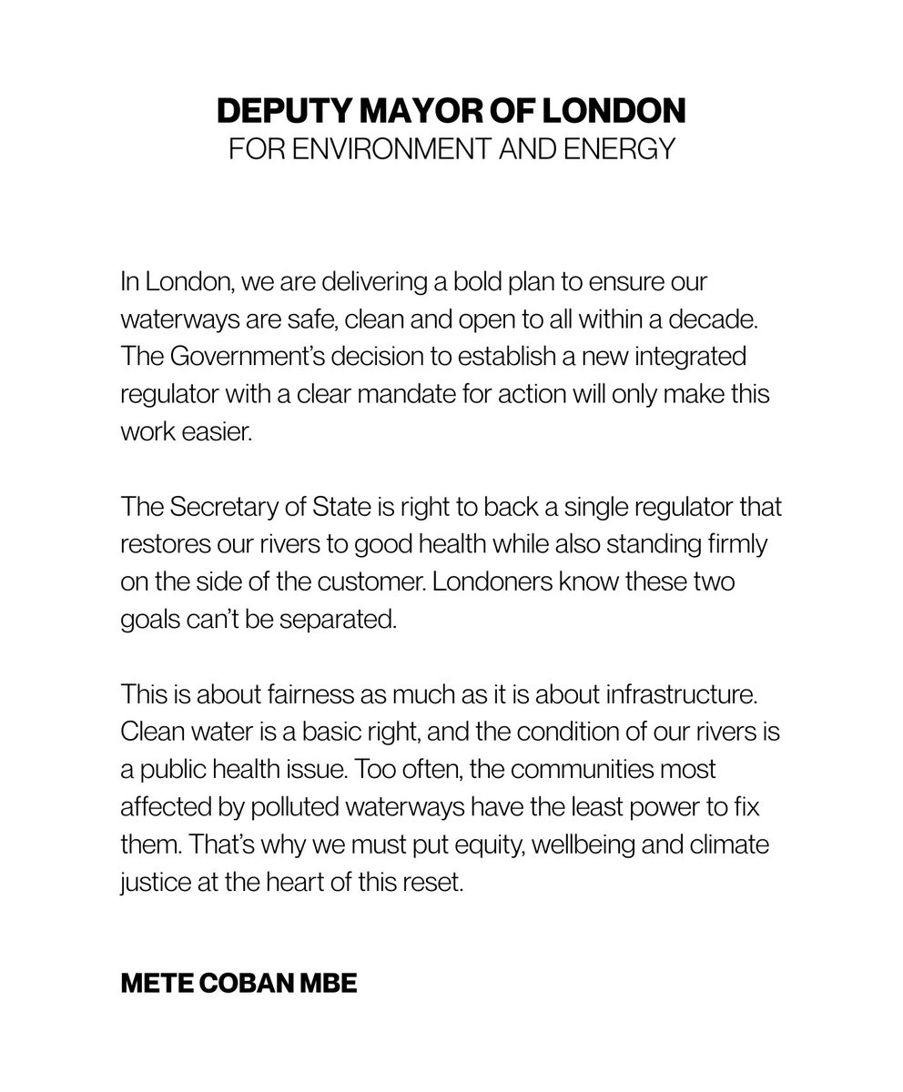 metecoban92's tweet image. Both @SadiqKhan and I have a serious plan to make London’s waterways safe for people and nature while keeping bills down.
Today’s move by @SteveReedMP to create a tough single regulator is a big step forward and will help us get there faster.
