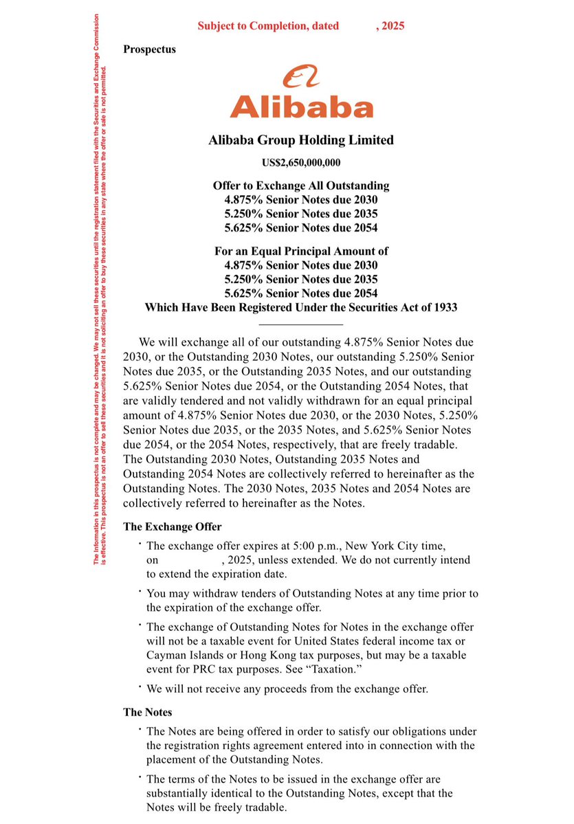 FilingsTracker's tweet image. $BABA Senior notes offering prospectus:
sec.gov/Archives/edgar…
