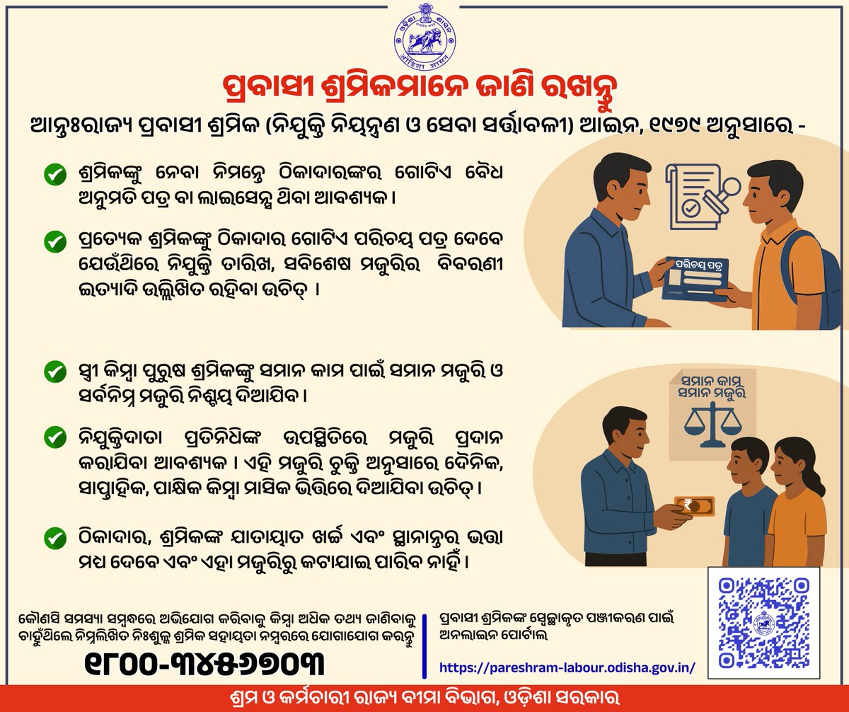 ଆନ୍ତଃରାଜ୍ୟ ପ୍ରବାସୀ ଶ୍ରମିକମାନେ ଜାଣି ରଖନ୍ତୁ - 
ଆନ୍ତଃରାଜ୍ୟ ପ୍ରବାସୀ ଶ୍ରମିକ (ନିଯୁକ୍ତି ନିୟନ୍ତ୍ରଣ ଓ ସେବା ସର୍ତ୍ତାବଳୀ) ଆଇନ, ୧୯୭୯ ଅନୁସାରେ -
⦁ଶ୍ରମିକଙ୍କୁ ନେବା ନିମନ୍ତେ ଠିକାଦାରଙ୍କର ଗୋଟିଏ ବୈଧ ଅନୁମତି ପତ୍ର ବା ଲାଇସେନ୍ସ ଥିବା ଆବଶ୍ୟକ ।
⦁ପ୍ରତ୍ୟେକ ଶ୍ରମିକଙ୍କୁ ଠିକାଦାର ଗୋଟିଏ ପରିଚୟ ପତ୍ର ଦେବେ ଯେଉଁଥିରେ