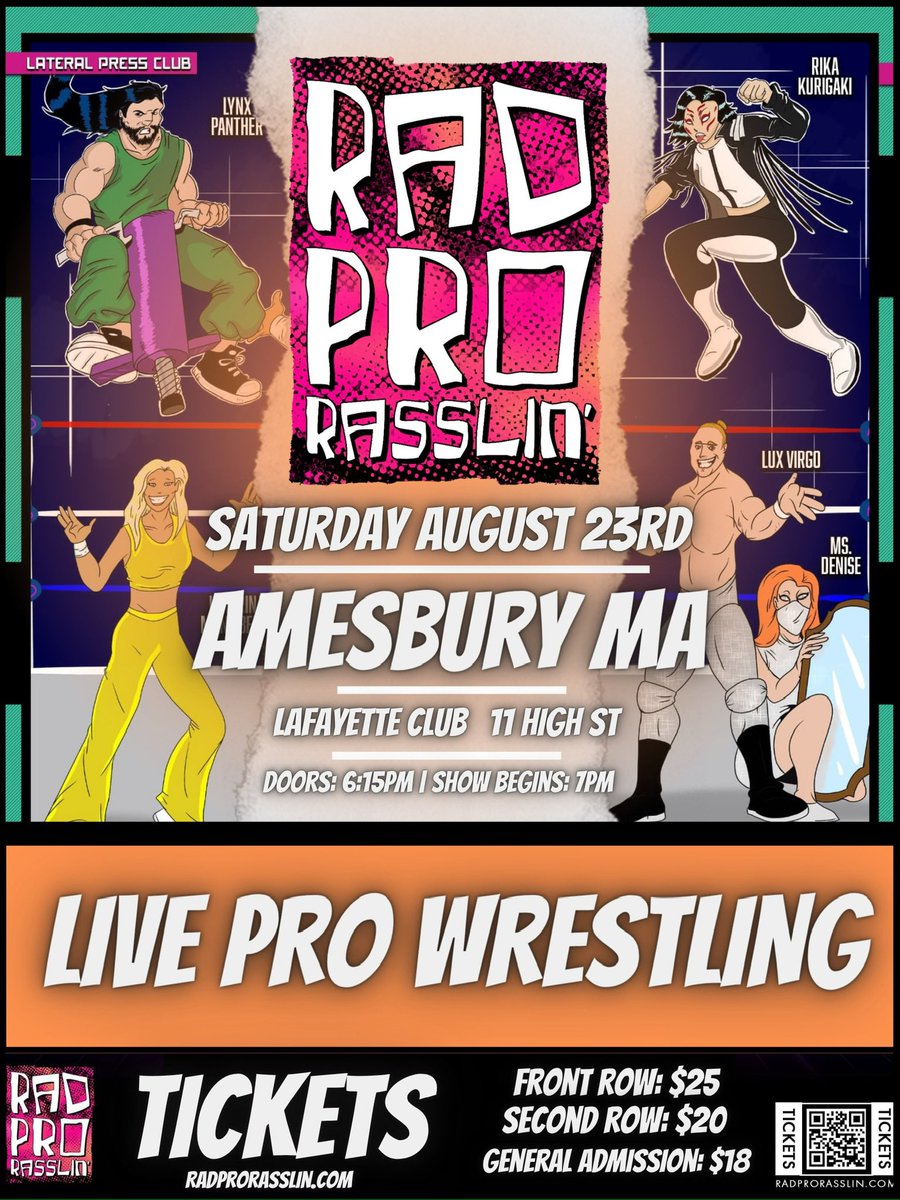 RadProRassle's tweet image. AMESBURY MA!
August 23rd we return!
This venue has sold out the last 3 events. Get your tickets early!
🚪6:30pm
🛎️7:00pm
Radprorasslin.com
