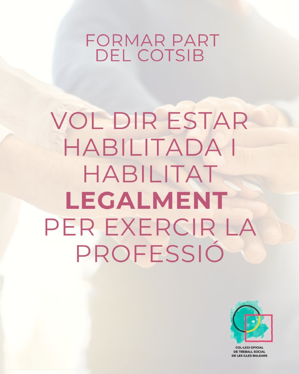 🤝 Formar part del COTSIB és molt més que una obligació: és créixer, estar connectat i defensar la teva professió.
➡️ És també l’única via legal per exercir com a treballador/a social a les Illes Balears.

Col·legia’t. Cuida la teva professió.
#ComunitatCOTSIB #SomTreballSocial