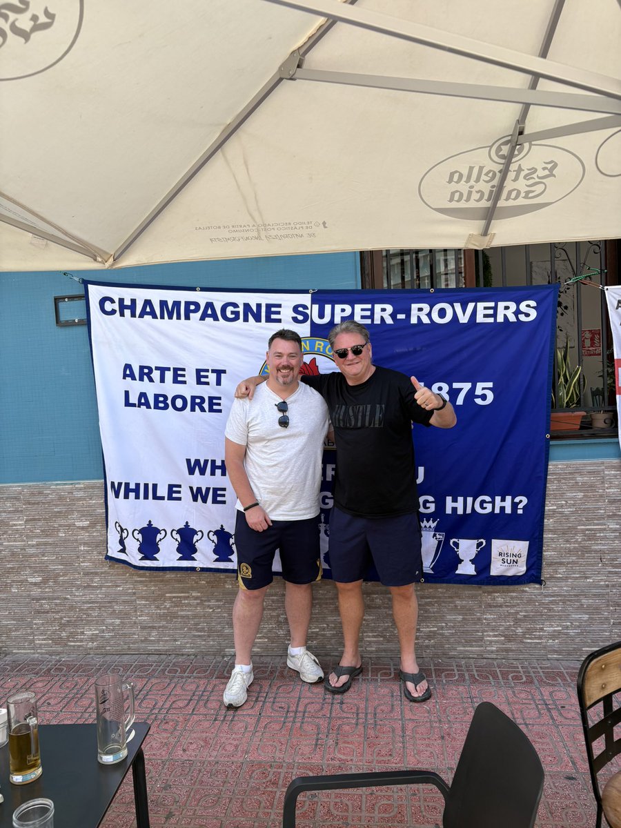 garysmith2301's tweet image. With Paul Salmon who created this amazing flag.
Let’s adopt Champagne Super Rovers as our song.
@_ElliottJackson let’s meet in Spain… it’s a great story for you!
The Rising Sun is a Rovers pub in Brownhill. Let’s support it 🔵⚪️💫🍻