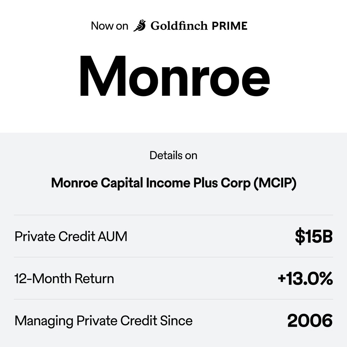 New fund alert: Monroe Capital’s Income Plus Fund

With a focus on smaller U.S. and Canadian businesses, Monroe brings a conservative and risk-aware approach to onchain private credit

Lower middle market, higher resilience

Now available on Goldfinch Prime