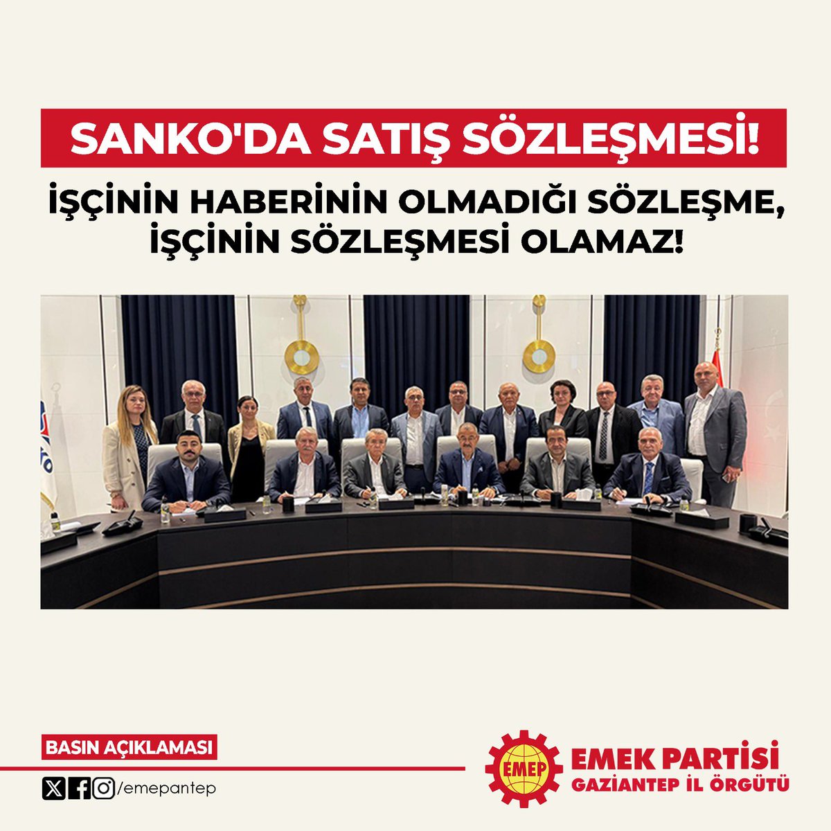 İŞÇİNİN HABERİNİN OLMADIĞI SÖZLEŞME İŞÇİNİN SÖZLEŞMESİ OLAMAZ!

Gaziantep’te SANKO Tekstil İşletmeleri ve RE UP Geri Dönüşüm’de yetkili olan TEKSİF Sendikası, 17 Temmuz 2025 tarihinde iki yıl süreli toplu iş sözleşmesi imzalandığını açıkladı. Açıklamada “ekonomik ve sosyal haklar