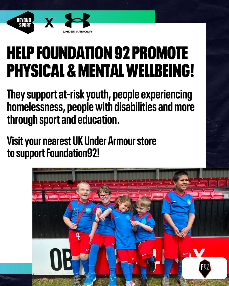 BeyondSport's tweet image. Through sport & education, @Foundation92 supports homeless youth, people with disabilities & more across Greater Manchester, reaching 13K+ annually.
Visit your nearest UK @underarmour store to help them reach more! Canβt make it? Support online ππ½ givengain.com/campaign/transβ¦