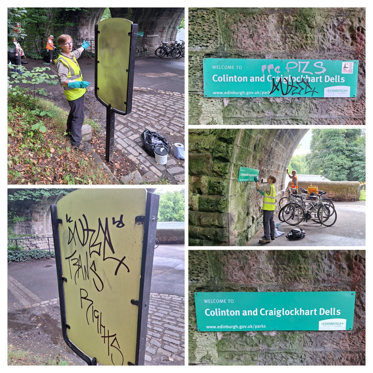 WOLCT's tweet image. Plenty of elbow grease from the walkway volunteers up at Colinton.

Cutting back overgrown vegetation around the carpark to open up paths and historic features.

 Removing tagging from signs.

Opening up drainage.

@Edinburgh_CC @walking_scot