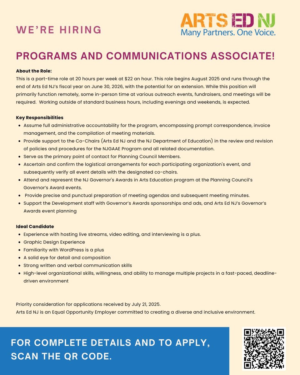 Deadline: Monday, July 21, 2025⁠
Apply here:  forms.gle/ZbT5jacKcqSMM8…⁠
We're Hiring:  Programs and Communications Associate⁠
Arts Ed NJ⁠
⁠
📍 Remote Position (20 hours/week)⁠
💰 $22/hour⁠
📅 August 2025 - June 2026 (with potential extension)⁠
⁠
#ArtsEdNJ