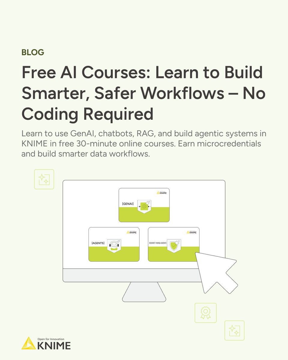 knime's tweet image. 🎓 KNIME just launched 3 new free online courses
to help you explore:
🟡 GenAI and Agentic AI
🟡 RAG
🟡 Governance
Learn how to start integrating AI into workflows — safely.
👉 knime.com/blog/free-ai-c…