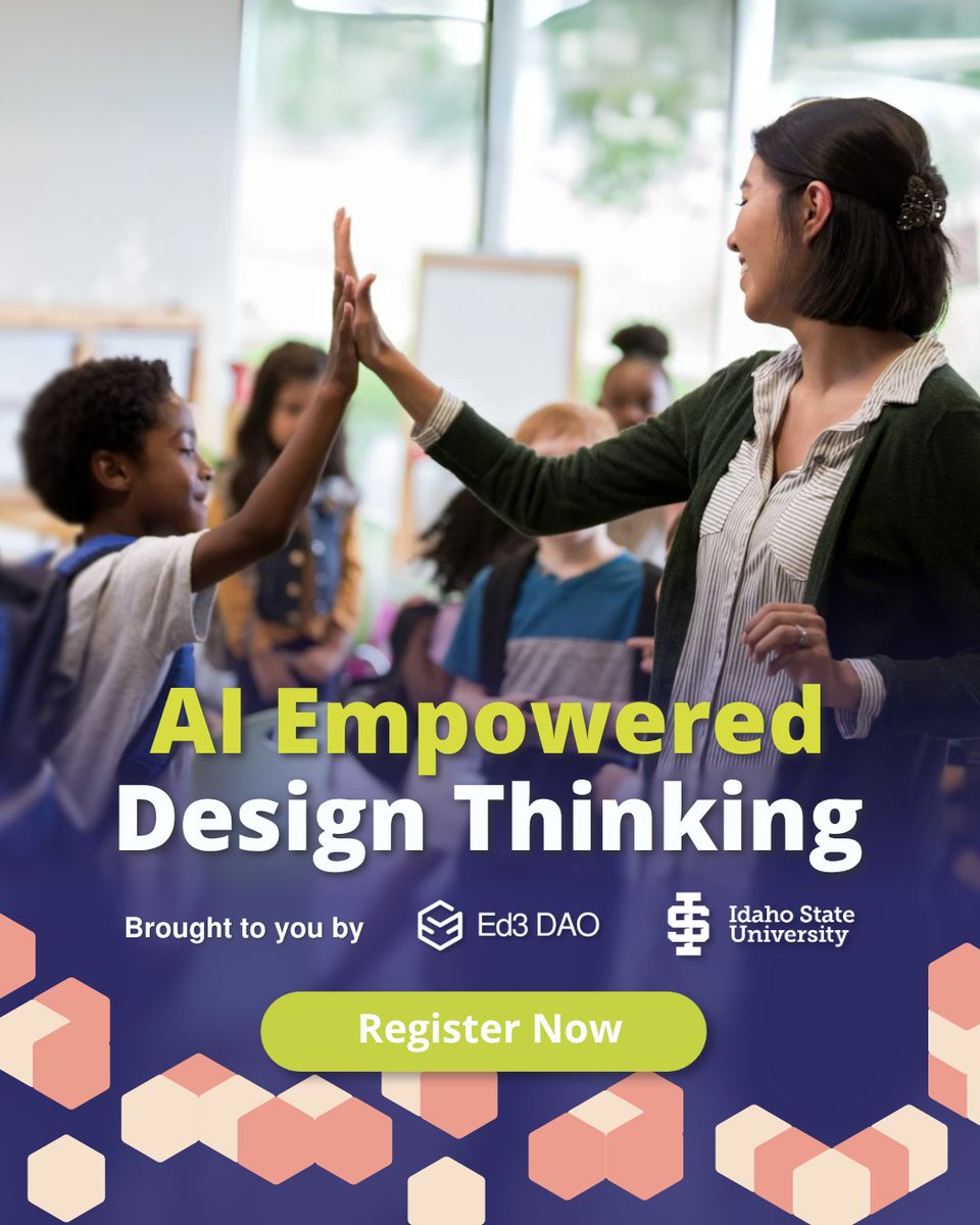 Ed3DAO's tweet image. 📢 Announcing our NEW course: Design Thinking &amp;amp; AI for educators!

Discover how empathy, creativity, and AI combine to help you co-create student-centered solutions, prototype rapidly, and personalize learning for a future-ready classroom.

Register today: bit.ly/40wi0au