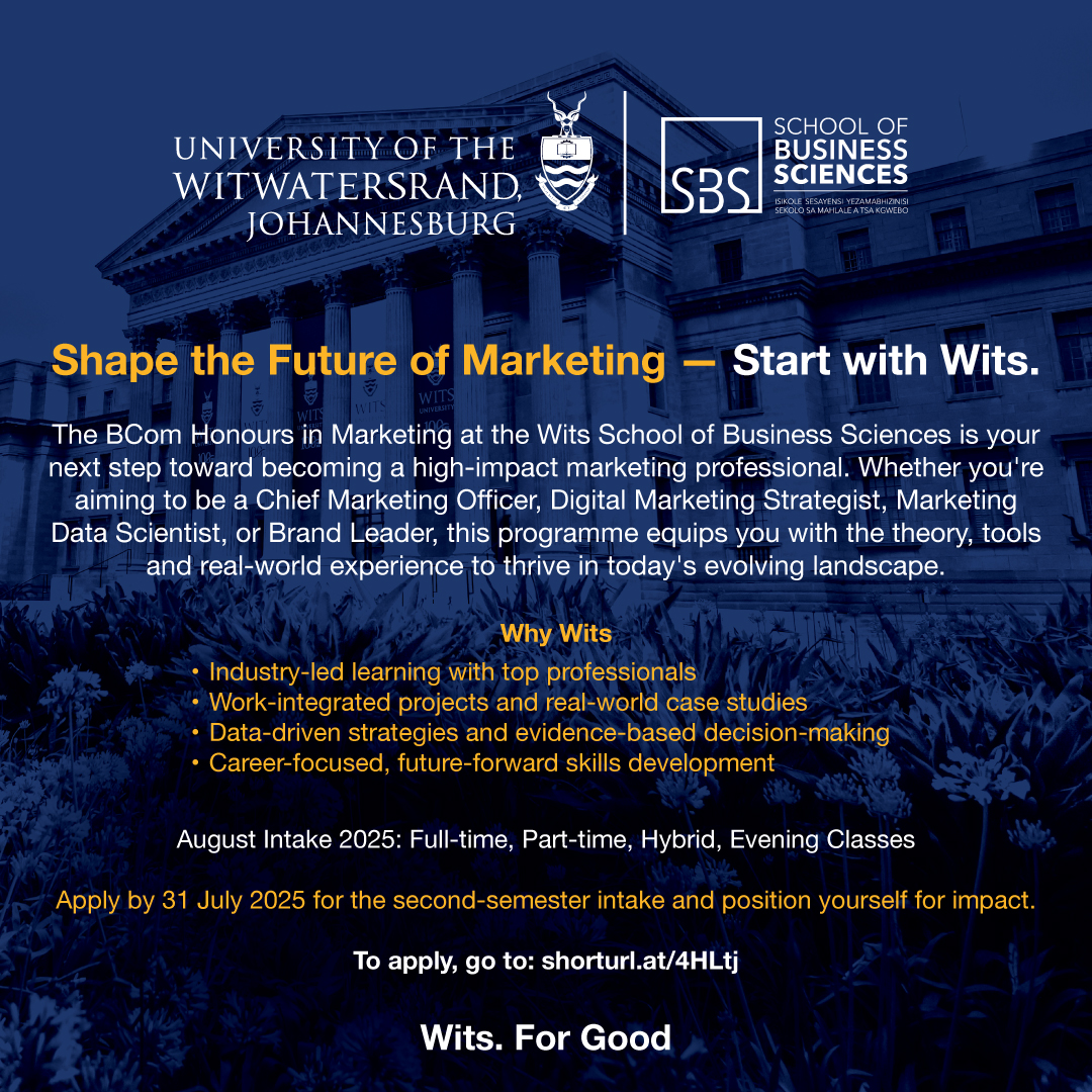 WitsUniversity's tweet image. Are You Ready to Shape the Future of Marketing - Start with Wits.
Join the BCom Honours in Marketing at the Wits School of Business Sciences, where innovation meets real-world impact. Whether you are driven to lead brands, master data-driven strategy, or become a digital…