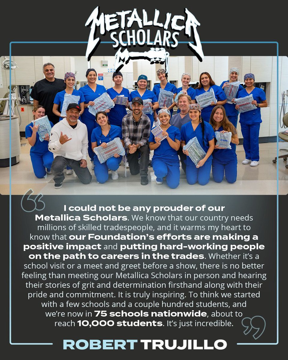 Metallica's tweet image. We're proud to announce that Year 7 of our @AWMHFoundation's #MetallicaScholars Initiative (MSI) will launch with our largest grant to date, totaling approximately $3M! With this upcoming school year, AWMH will support workforce education programs in 75 community colleges across…