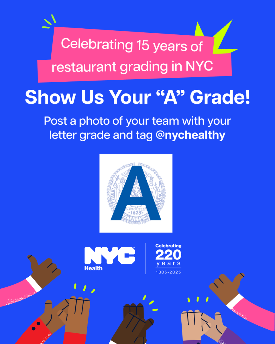 nycHealthy's tweet image. Calling all NYC restaurants: In celebration of the 15th anniversary of restaurant grading in NYC, we’d like to give you a special shoutout! 🧑🍳️ ✨
✅ Post a photo of your team with your A grade
✅ Tag @nychealthy
We’ll share your photos throughout the week!