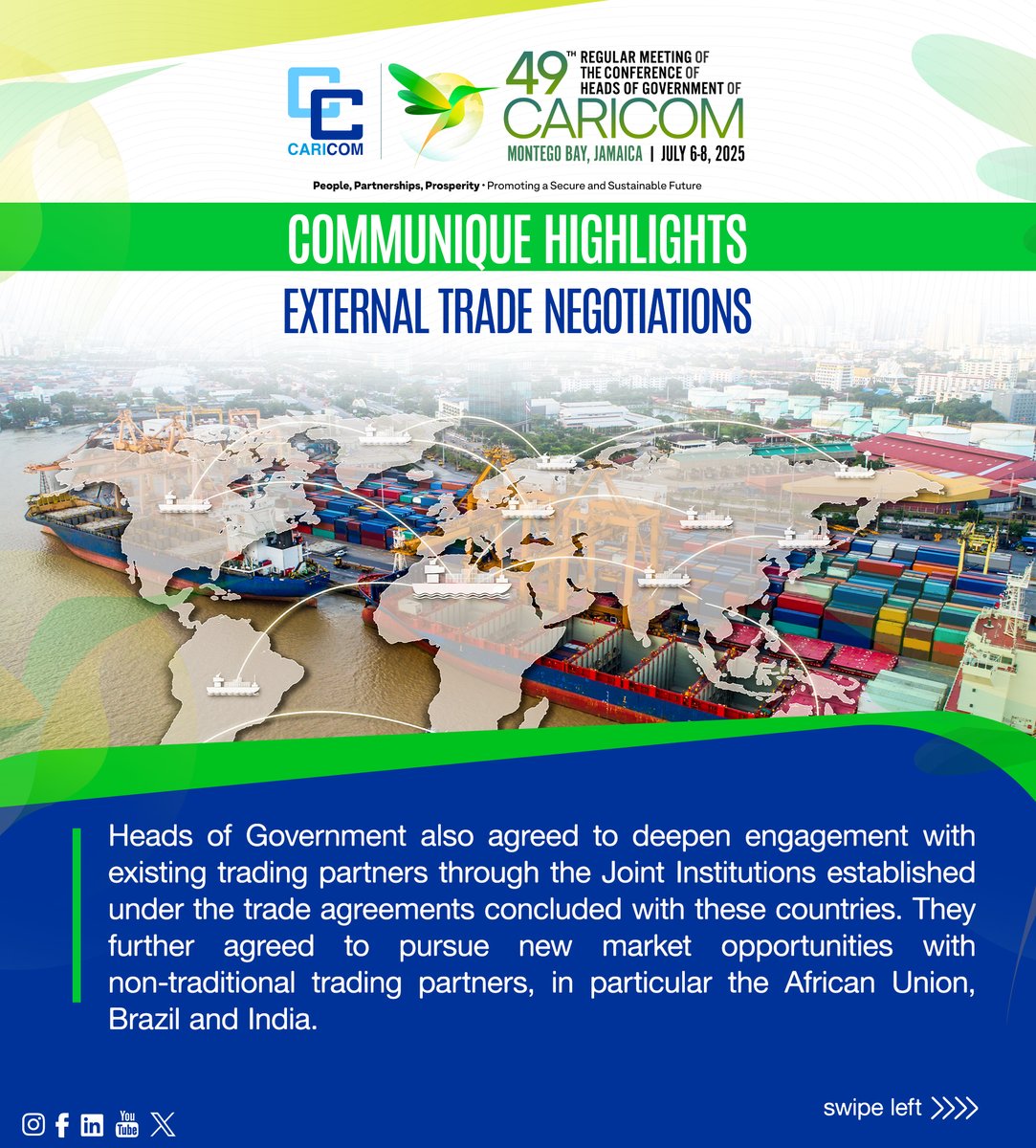 CARICOMorg's tweet image. 🌍New Trade Opportunities – Global Reach
👥 #CARICOM will expand trade partnerships with Africa, Brazil, and India to unlock new markets and investments.
➡️Swipe now to learn more.
📲 Scan the QR code or click to read the Communique now caricom.org/communique-for……