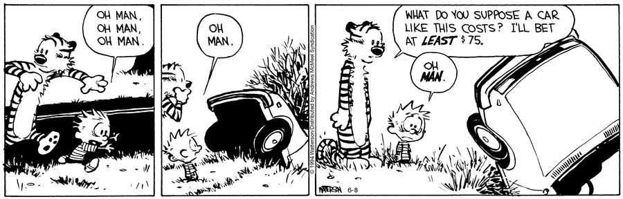 Calvinn_Hobbes's tweet image. “Think we could get it appraised at $75 and call it a wash?”
#CalvinandHobbes40 #UsedCarMarket