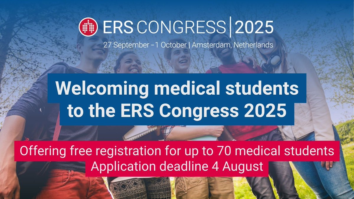 EuroRespSoc's tweet image. At this year’s #ERSCongress 2025, we are offering up to 70 free registrations to medical students with an interest in respiratory health!
This provides a unique opportunity to experience the largest respiratory-focused conference 🫁
Find out more: bit.ly/4kSpOKJ