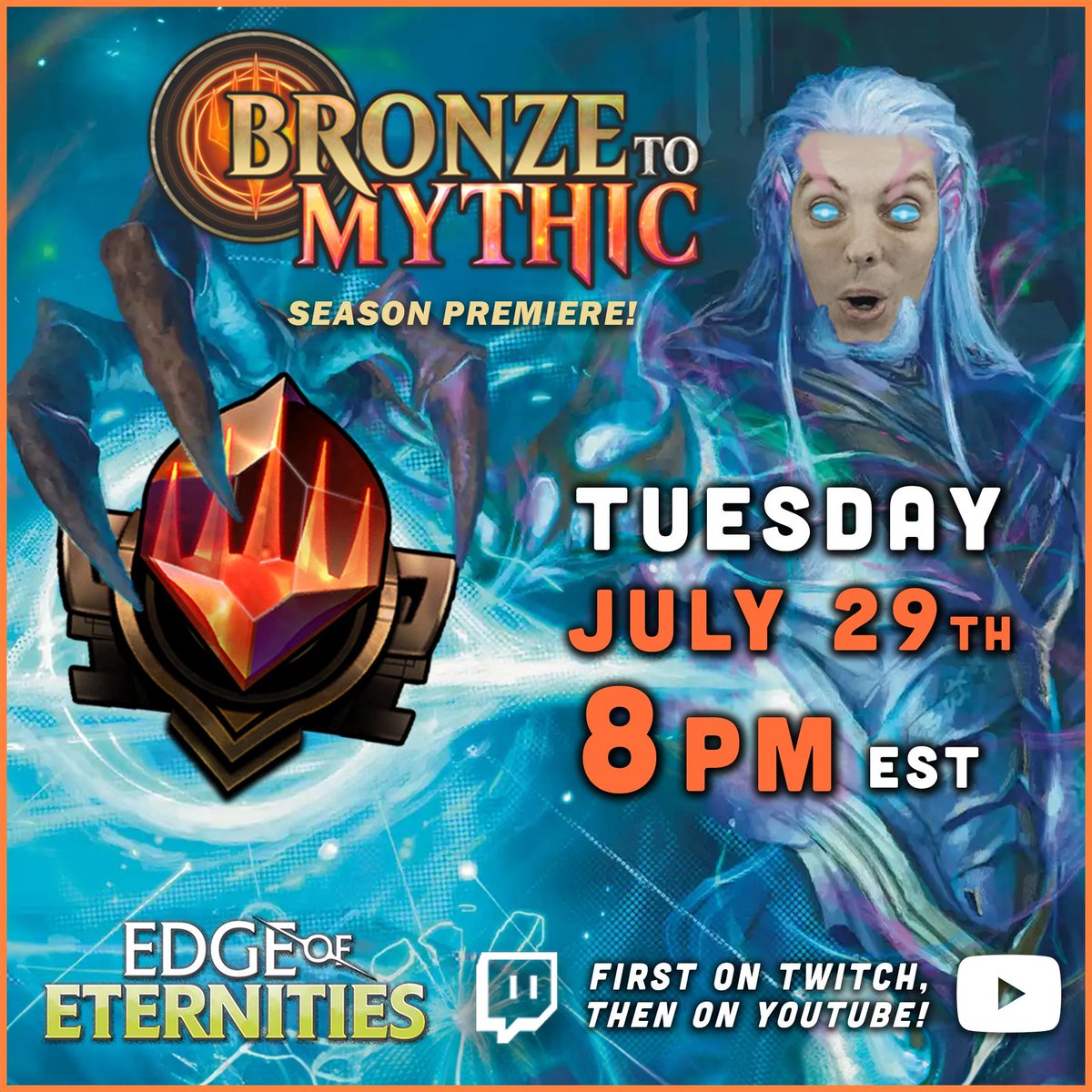 JimDavisMTG's tweet image. 💫 Climb aboard - we're flying across the Blind Eternities and all the way to Mythic, starting next Tuesday at 8pm EST! 🪐 #BronzetoMythic #MTGEternities
