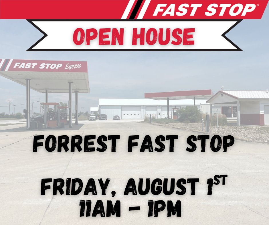 📢Attention Forrest FAST STOP Customers!📢 

Mark your calendar for Friday, August 1st! We will be hosting an OPEN HOUSE from 11am-1pm with hot dogs, giveaways, and low fuel prices!⛽Save the date – we hope to see you there!

#MakeFASTSTOPYourFirstStop #YourOneLocalSupplier
