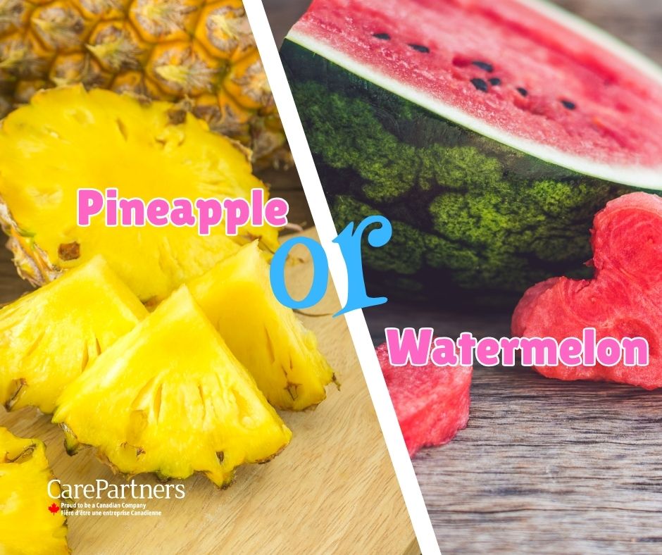 CarePartnersCA's tweet image. Week three of our Summer Sunshine Showdown has us in a tropical toss-up! Which fruit screams summer to you? Let the fruity feud begin! #ThisOrThat #SummerVibes