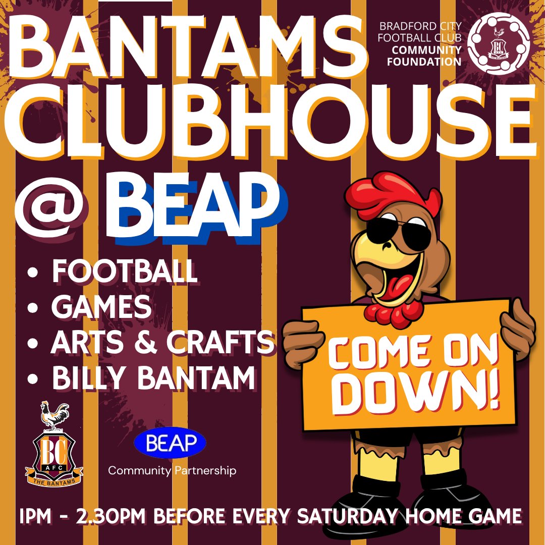 bcafc_cf's tweet image. #BantamsClubhouse is BACK 😎
Our junior @officialbantams fanzone will return next Saturday as the #Bantams kick-off their @SkyBetLeagueOne season 👊
Join us at @beap_c from 1pm pre-match for:
⚽️ Kickabouts
🥳 Fun and games
🐔 @BillyBantam1903
And much more 👋
#BCAFC