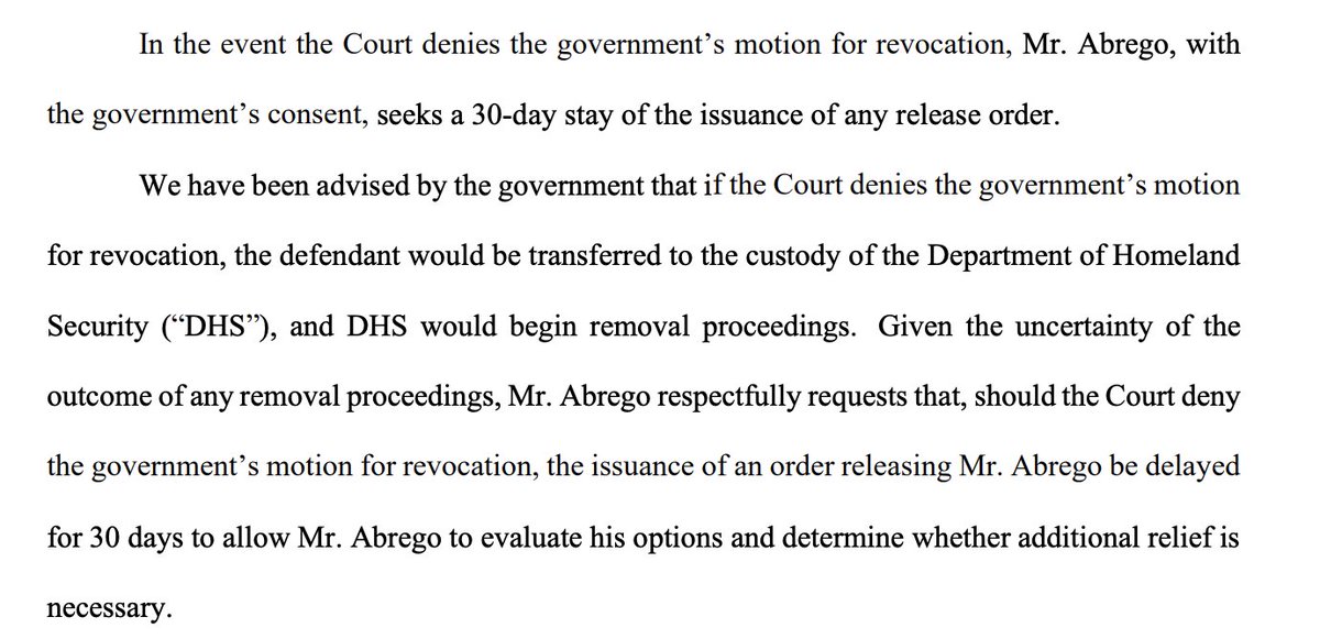 kyledcheney's tweet image. Kilmar Abrego Garcia and DOJ have agreed to a 30-day delay in his release from pretrial incarceration so he can evaluate his legal options against an anticipated effort to deport him. storage.courtlistener.com/recap/gov.usco…