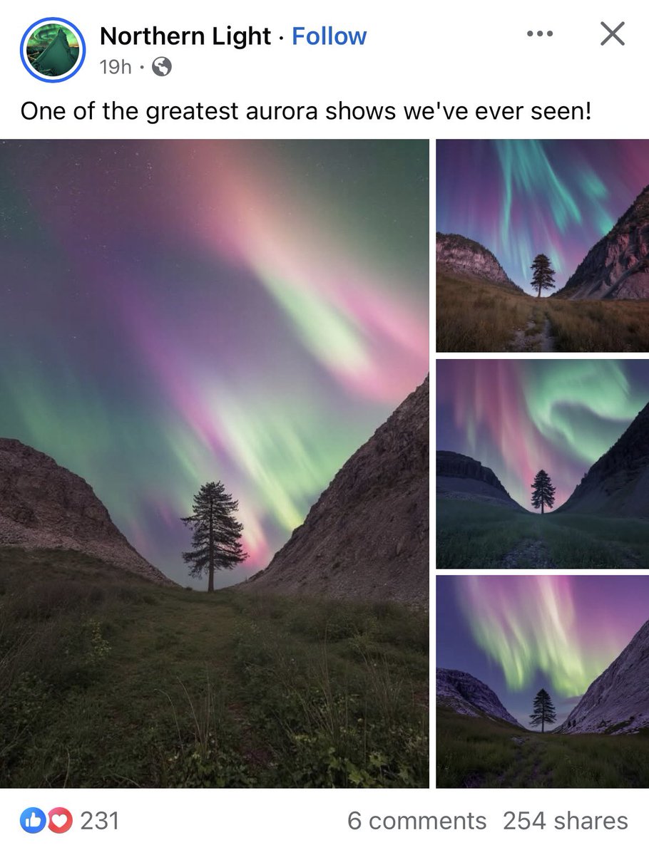 Vincent_Ledvina's tweet image. I wish Meta would take action against these pages. Take “Northern Light” which has been shut down and restarted a few times over the past year. This page and others post AI aurora content claiming their “photos” were “captured last night in Alaska” or some other location to give…