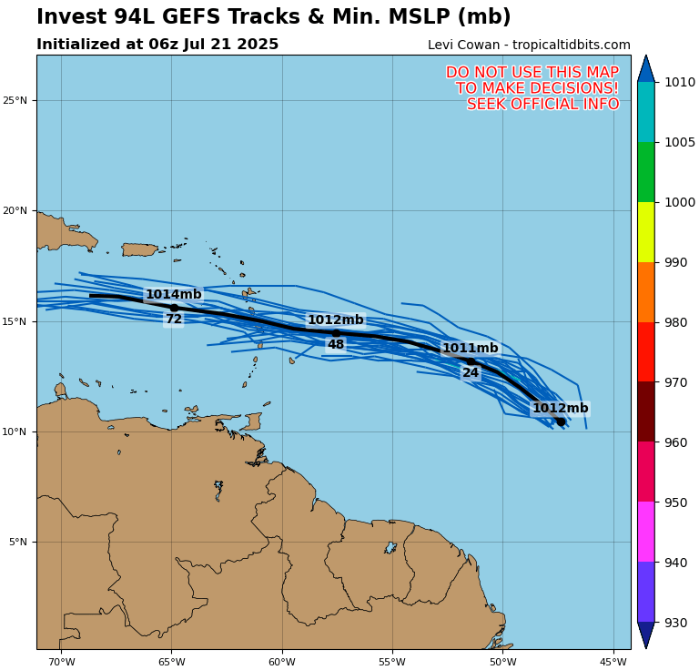 Las actualizadas guías de trayectoria de #Invest94L muestran un desplazamiento hacia el Oeste, o sea, hacia el Caribe. Sin embargo, es posible algunos movimientos Oeste-Noroeste, lo que pondría a este sistema al Sur de las Antillas Mayores orientales como onda tropical.