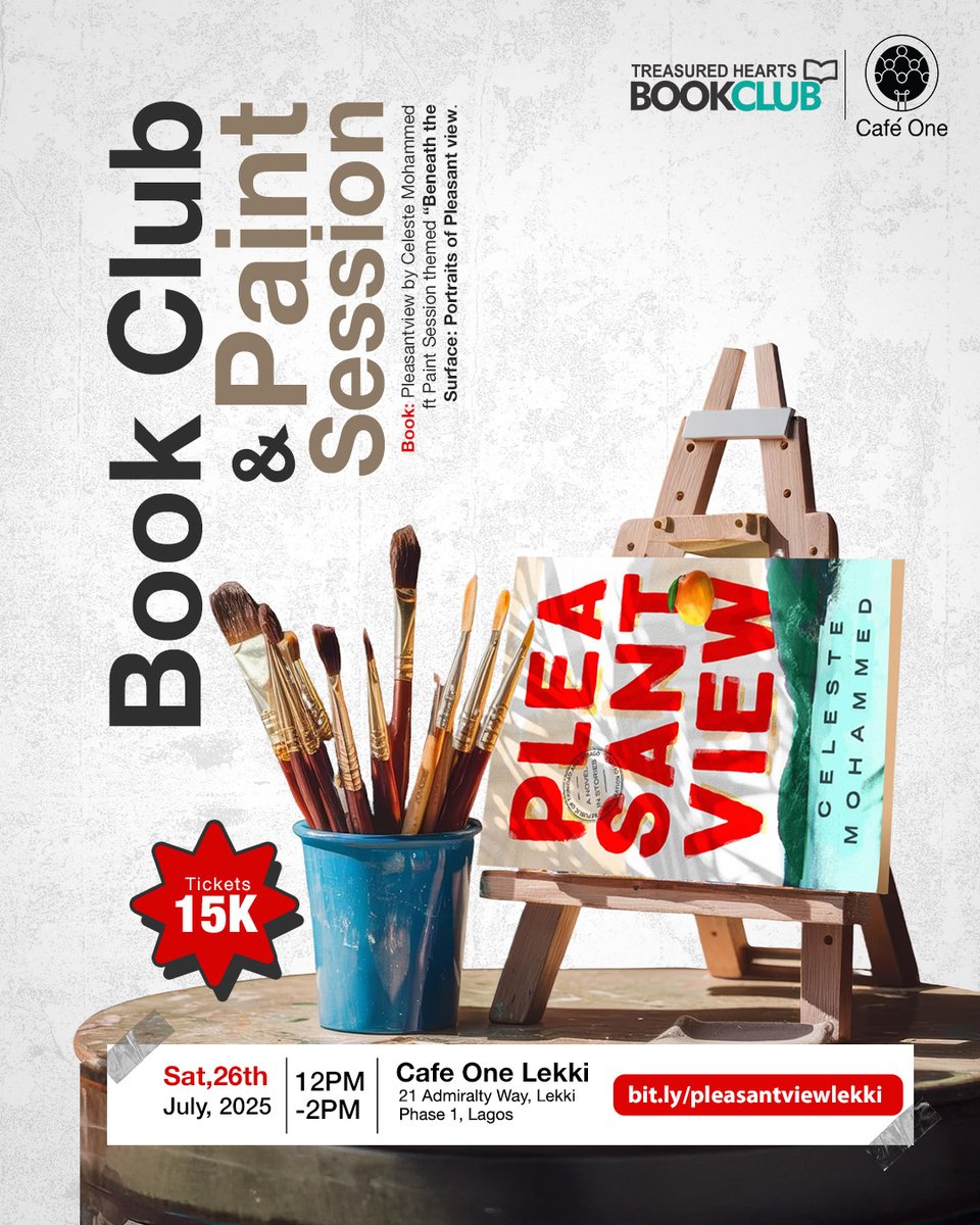 Cafeonenig's tweet image. It’s another Saturday to unwind and paint your worries away or at least make plans to 😉
Join us at the Café One Lekki Book Club as we discuss Celeste Mohammed’s PLEASANT VIEW.
This book exposes the hidden corruption, domestic abuse, political scandals, and social tensions…