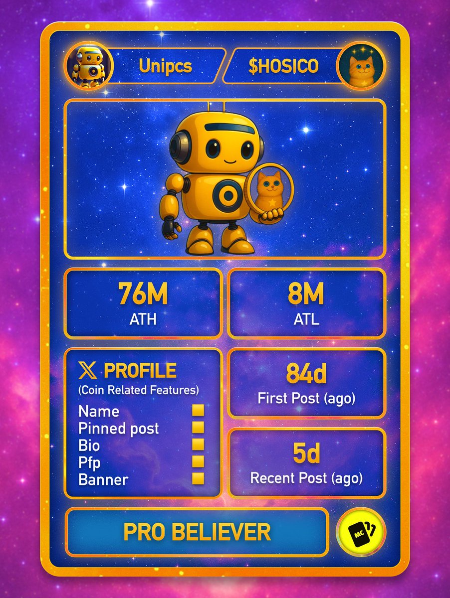 memecardz's tweet image. $HOSICO Believer Card 🟡

@theunipcs has been believing for 84 days, still posting 5 days ago.

ATH: 76M | ATL: 8M (from day of belief)