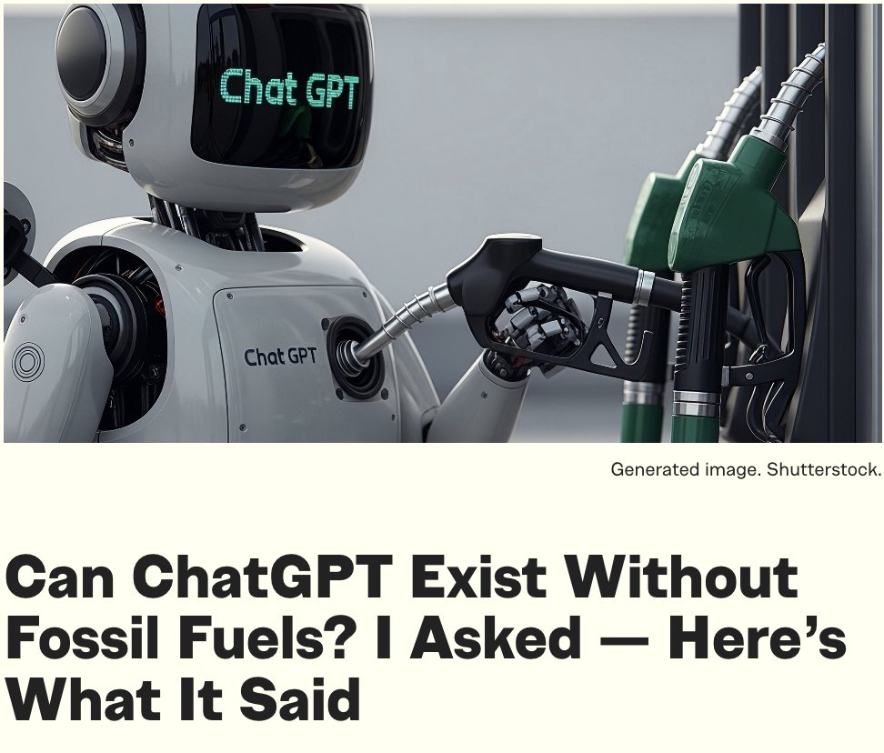 thedailyeconomy's tweet image. I asked ChatGPT if it could live without fossil fuels
“Great question," it said, "and the honest answer is no.”
It's right. AI’s transformative power rests upon several large pillars, one of which is fossil fuels.
Read @IsaacWillour's latest at The Daily Economy:…