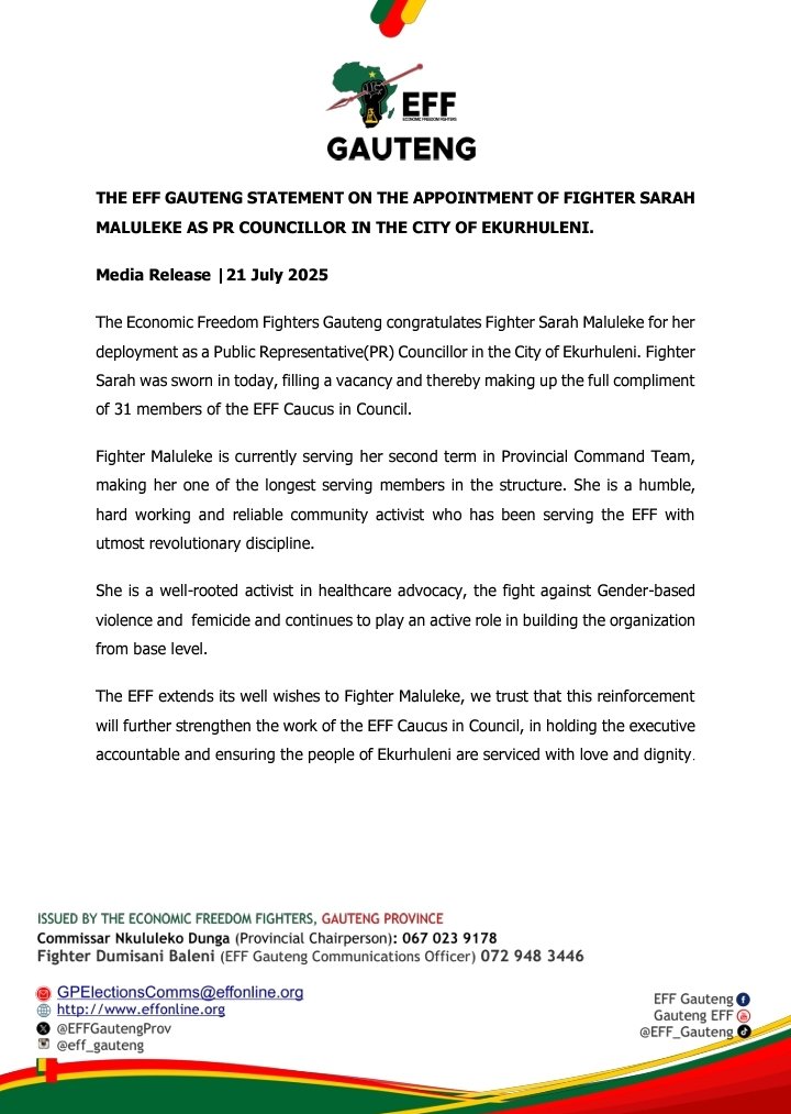 EFFGautengProv's tweet image. The Economic Freedom Fighters Gauteng Congratulates Fighter Sarah Maluleke for her Deployment as a Public Representative(PR) Councillor in the City of Ekurhuleni.