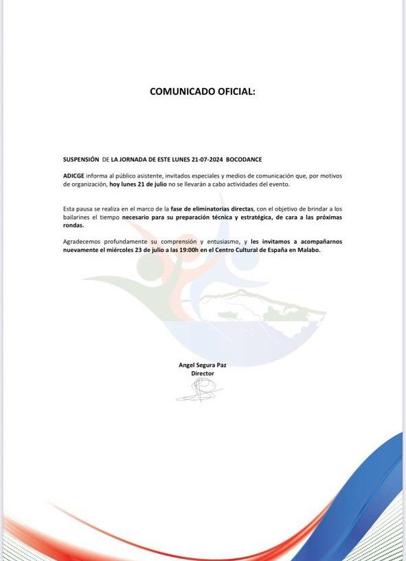 ccemalabo's tweet image. ¡Comunicado oficial!
ADICGE avisa al público sobre la suspensión del Boco Dance para la jornada de hoy lunes, 21 de julio, en el CCEM.
Reanudamos el miércoles, a las 18:00h. Entrada gratuita.
instagram.com/p/DMXmPdWo2xj/
@EmbEspMalabo #EspañaEnGE @CooperacionESP @AECID_EspMalabo