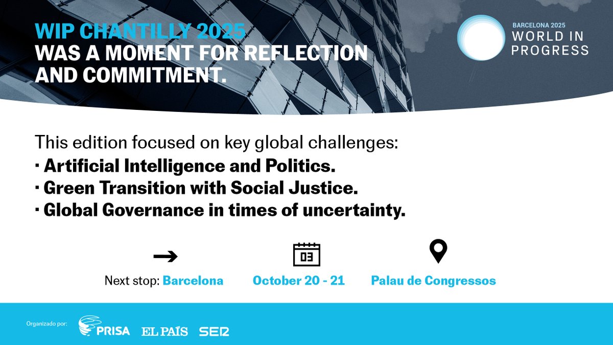 At WIP Chantilly 2025, the discussions were focused on:

🤖 AI and politics
🌱 Green transition and social justice
🌐 Governance in times of uncertainty

🔜Next stop: Barcelona
🗓 October 20–21
📍Palau de Congressos de Catalunya

#WIPChantilly #WIP2025 #Barcelona #WorldInProgress