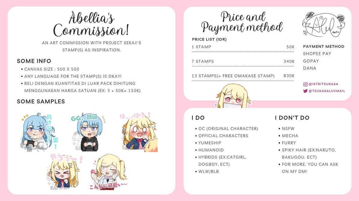 tsukasaluvmail's tweet image. Hello! I&apos;m opening my first commission for 4 slots, Indonesian Only! Sorry 🙏🏻 

TAMBAHAN : 
- 1 Stamp = 1 Character 
Kalau mau 2 Character di 1 Stamp, SALAH SATU hanya menjadi CAMEO 
- 14 Stamps(tanpa omakase) = 400k(Harga 13 Stamps + 1 Stamps) 

(+)