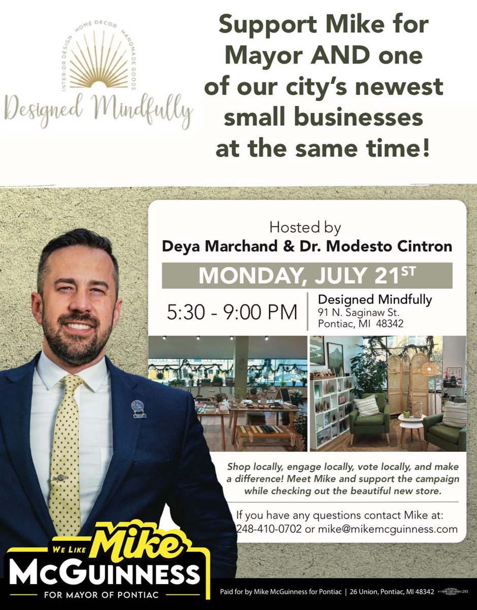 MikeMcGPontiac's tweet image. If you’ve got time this evening, join me at Designed Mindfully, a new small business in our downtown. We can catch up and you can check out their beautiful space.