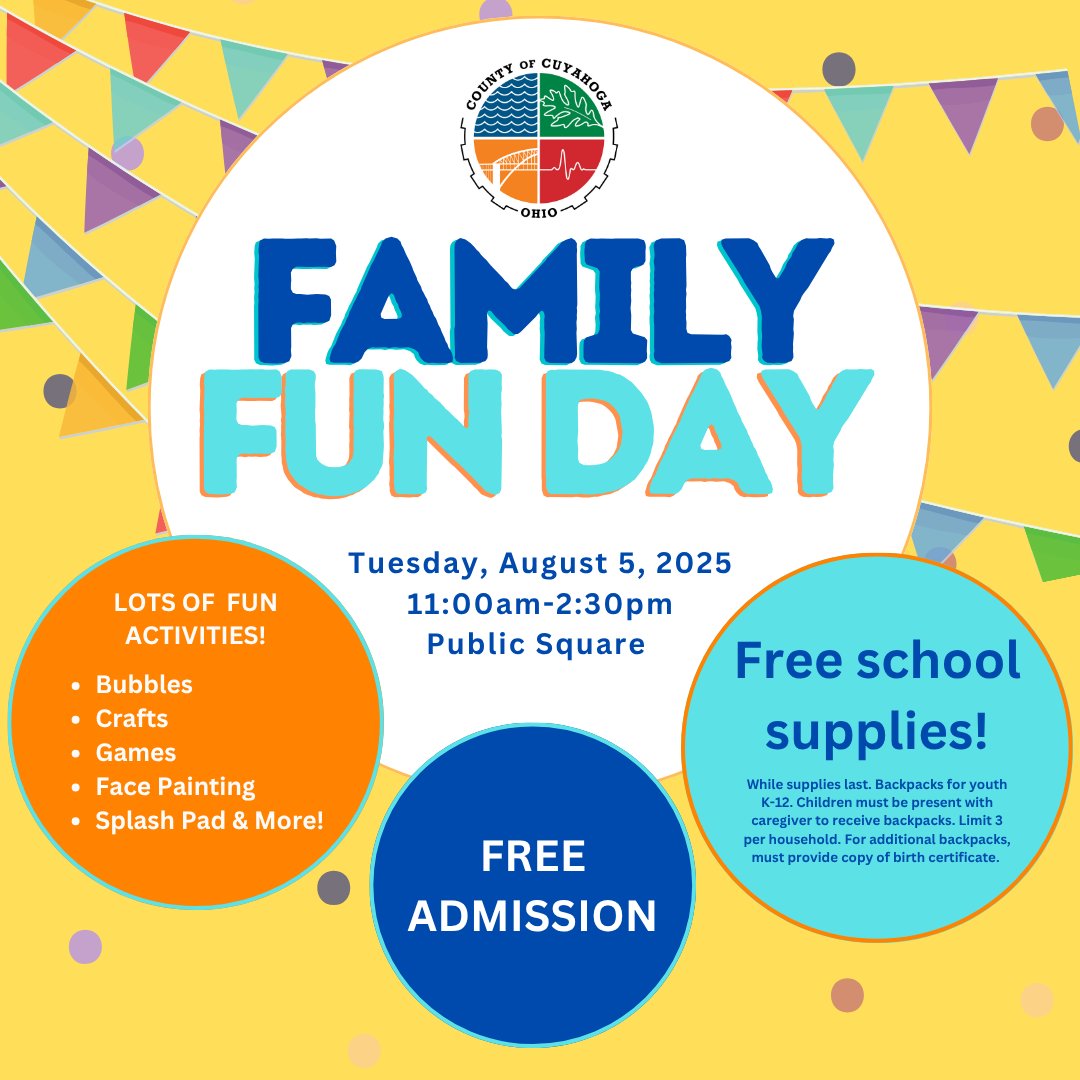 GCRTA's tweet image. Get ready, Cuyahoga County! π Family Fun Day is back! Join us at Public Square on Tuesday, August 5, 2025, from 11 AM - 2:30 PM for an awesome day! We'll have fun activities, great resources, and FREE school supply-filled backpacks (while supplies last)! π See you there! π
