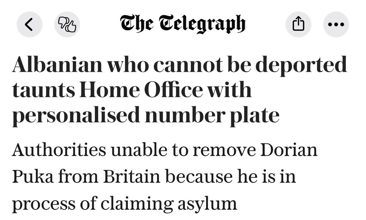 alexharmstrong's tweet image. We’re a joke country.
Dorian Puka, 28, who has been jailed and deported twice from the UK for burglaries, filmed himself peeling the cover off his new private registration plate on his £80,000 Mercedes.
