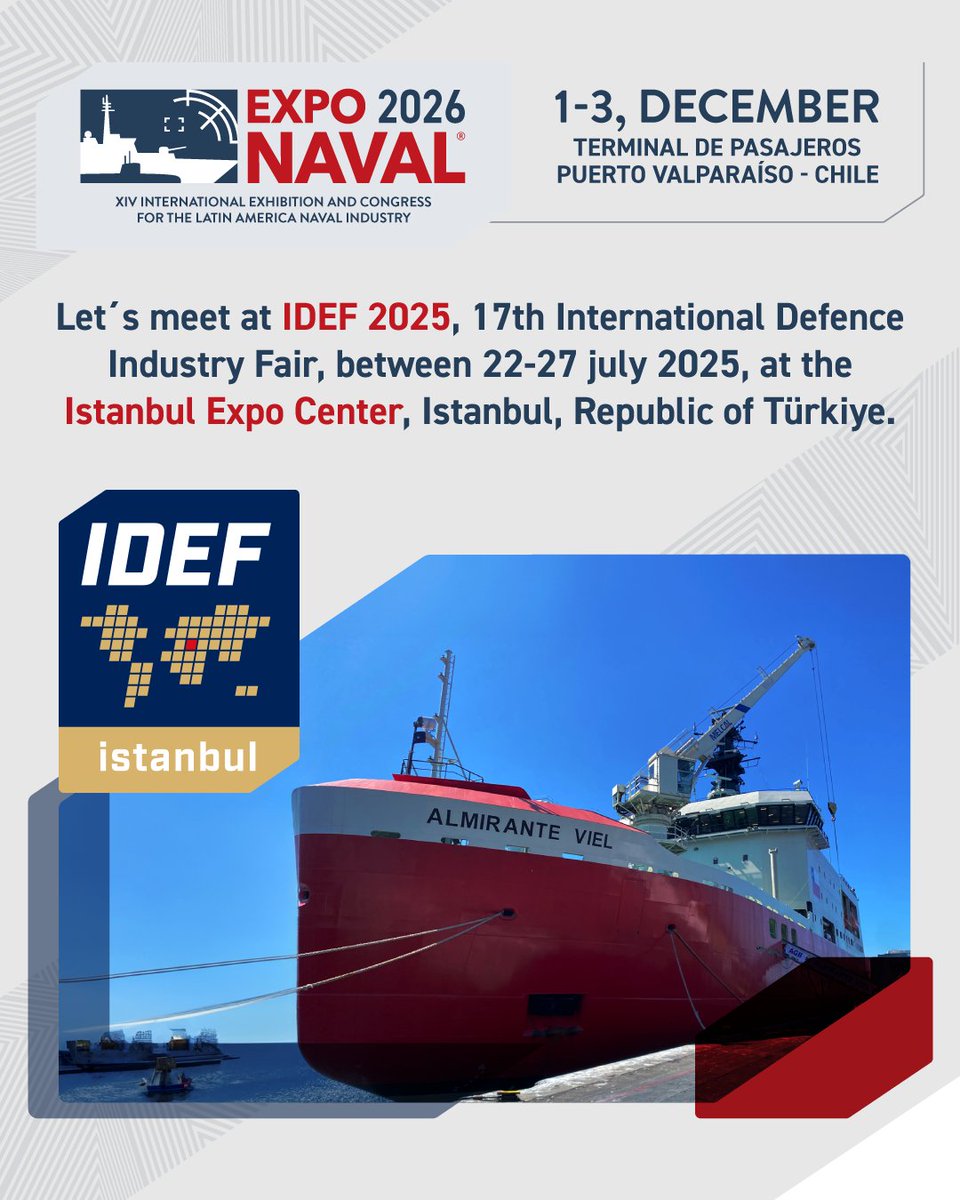 Exponaval (@exponaval_chile) on Twitter photo Exponaval will be present at <a href="/IDEFintl/">idefinternational</a>: 22-27 July at the Istanbul Expo Centre.
Our participation has a clear objective: to continue positioning #Exponaval2026 as the key meeting point for the naval and defence industry in LATAM.
📩 Schedule a meeting with us: rbastidas@fisa.cl Exponaval will be present at <a href="/IDEFintl/">idefinternational</a>: 22-27 July at the Istanbul Expo Centre.
Our participation has a clear objective: to continue positioning #Exponaval2026 as the key meeting point for the naval and defence industry in LATAM.
📩 Schedule a meeting with us: rbastidas@fisa.cl