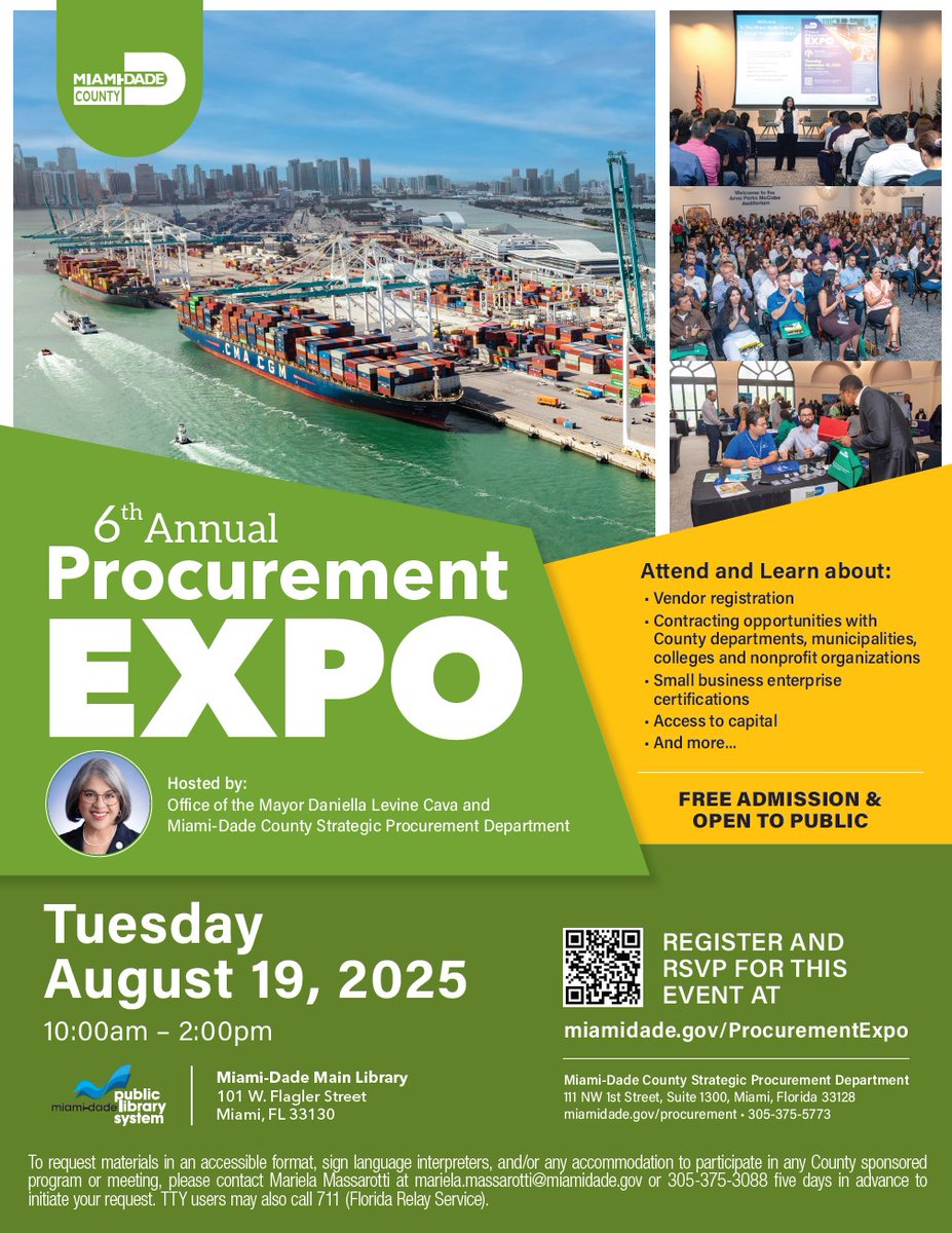 _LSGMI_'s tweet image. 📣 You’re invited! Join Legal Services of Greater Miami at Miami-Dade County's 6th Annual Procurement Expo on Tuesday, August 19 at 10 a.m. at the Main Library (101 W. Flagler St.) 📍
Discover how your business can secure County contractsand connect with departments,…