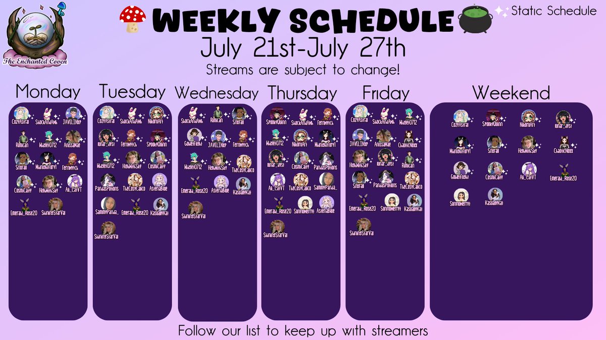 enchanted_coven's tweet image. 🍄Weekly Schedule🔮
July 21st - July 27th
Keep in mind that streams are subject to change! Make sure you follow our list to keep up with our streamers!
x.com/i/lists/177305…