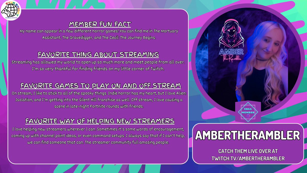 Ever Bright Global Gaming (@ebggttv) on Twitter photo Our Featured Member of the week is
<a href="/AmberThRambler/">AmberTheRambler</a> ! Make sure to check them out and share some EBGG love! twitch.tv/ambertherambler Our Featured Member of the week is
<a href="/AmberThRambler/">AmberTheRambler</a> ! Make sure to check them out and share some EBGG love! twitch.tv/ambertherambler