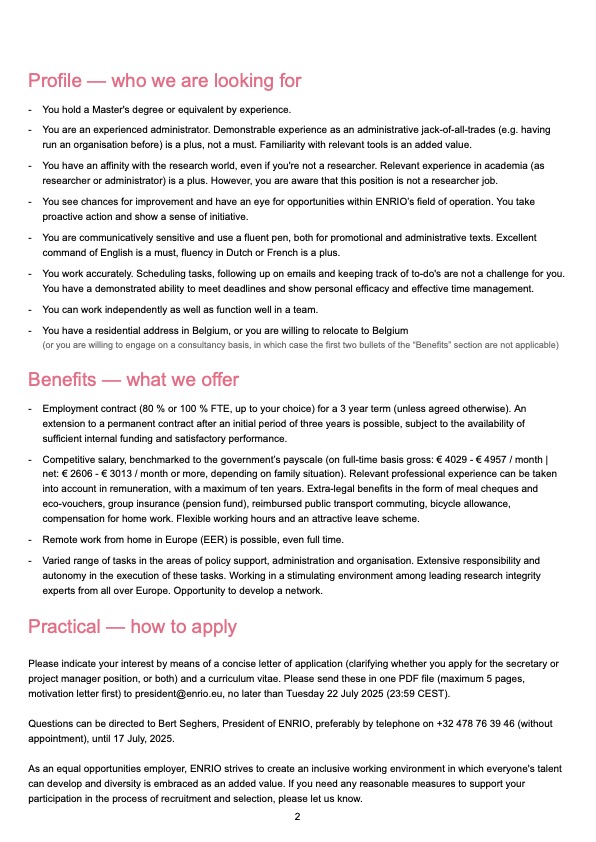 ENAI (@enaintegrity) on Twitter photo 🚨 Job Alert!
ENRIO is hiring a Secretary (m/f/x) to support research integrity in Europe.
📍 Brussels or remote from EU
🕒 Full-time or 80%
👉 Info & apply: vist.ly/3ykmh
#ENRIO #JobOpening #ResearchJobs 🚨 Job Alert!
ENRIO is hiring a Secretary (m/f/x) to support research integrity in Europe.
📍 Brussels or remote from EU
🕒 Full-time or 80%
👉 Info & apply: vist.ly/3ykmh
#ENRIO #JobOpening #ResearchJobs