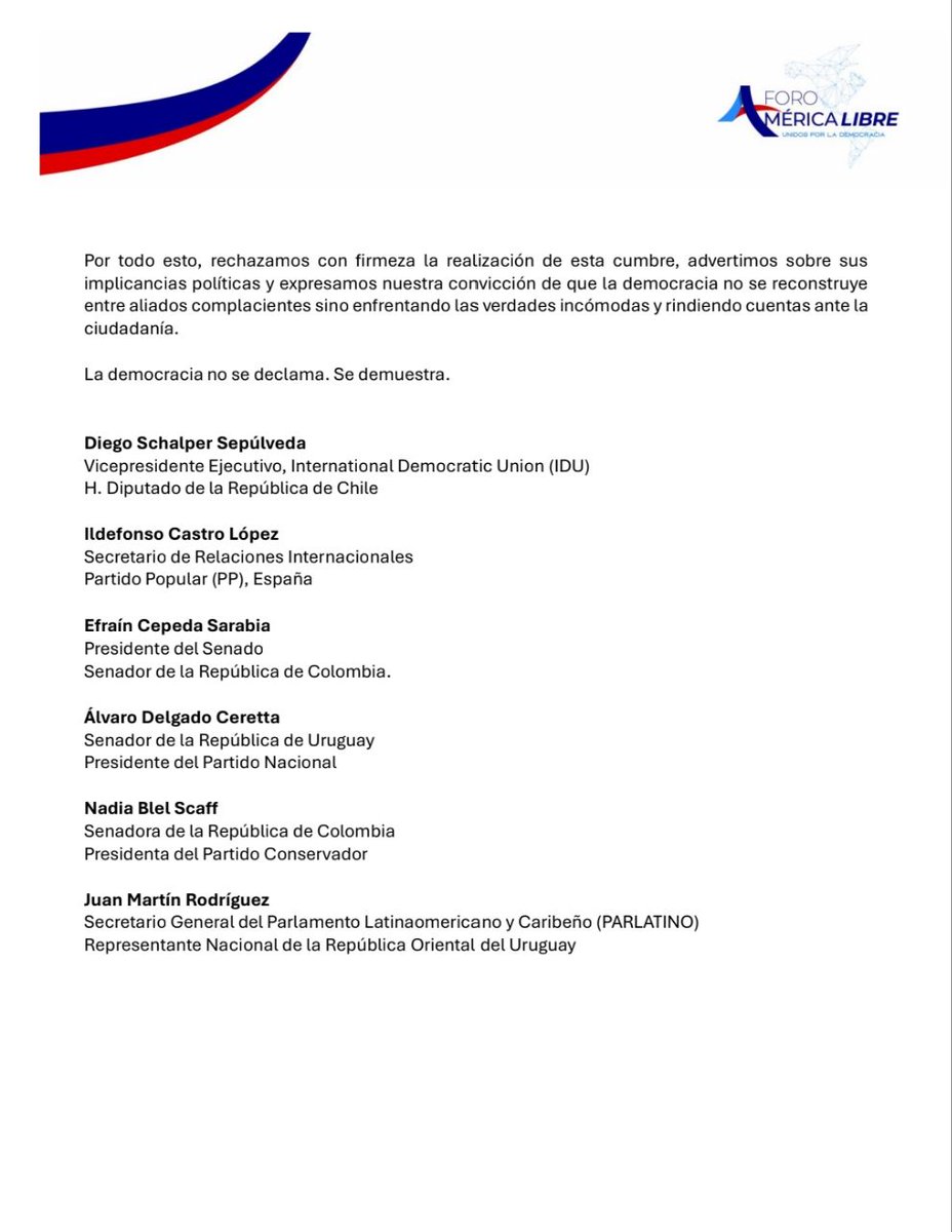 America_Libre1's tweet image. Desde el Foro América Libre y como representantes democráticos de América Latina y Europa, dirigimos esta comunicación al Presidente de la República de Chile, @GabrielBoric para manifestarle:
Observamos con preocupación la cumbre "Democracia Siempre", organizada por el Gobierno…