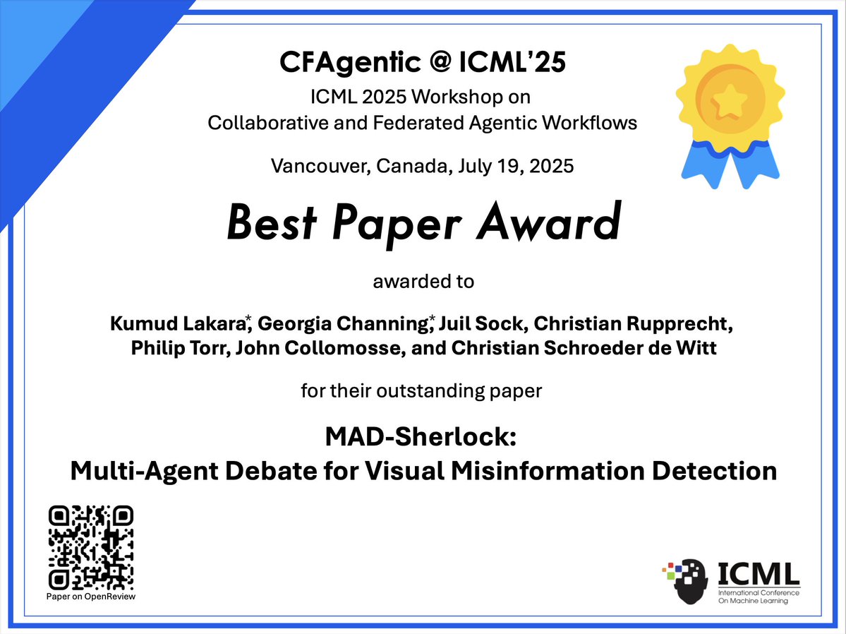 cgeorgiaw's tweet image. very proud that my work on multi-agent debate for misinformation detection won best paper award at the @icmlconf CFAgentic workshop!
check it out on arxiv: arxiv.org/abs/2410.20140
v grateful to all my co-authors and the support from @BBCRD 🥳