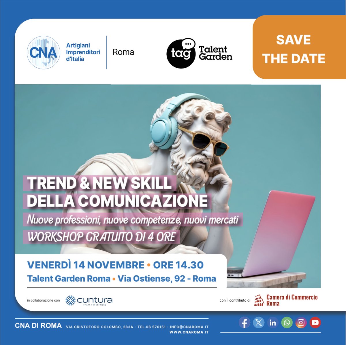 Continuano le attività formative del progetto Trend e New Skills della Comunicazione, Partecipa al workshop gratuito di 4 ore:

🗓️ Venerdì 14 novembre
🕐 Ore 14:30
📍 Talent Garden Roma

✍🏽 REGISTRATI PER PARTECIPARE ⬇️⬇️⬇️
cnaroma.it/evento/save-da…